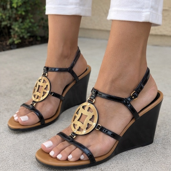 BCBGirls Shoes - BCBGirls Black and Tan Wedge Sandals